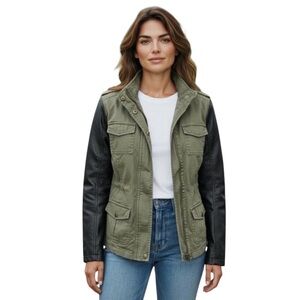 Therapy Olive Utility Jacket Faux Leather Sleeves Army Green Women’s M